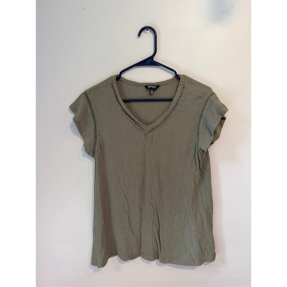 Buffalo David Bitton Tops - Buffalo David Bitton Womens Olive Green V-Neck Crochet Trim Cap Sleeve Blouse S
